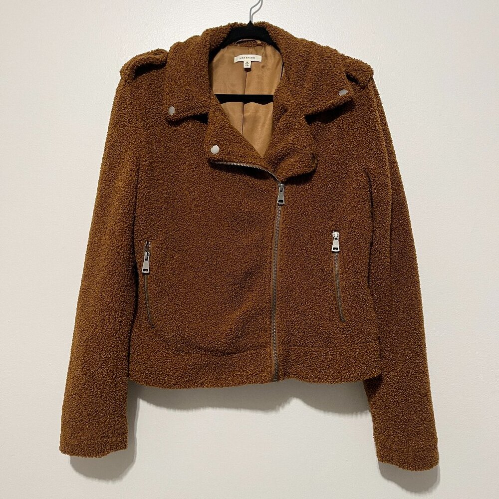 Max Studio Womens Teddy Moto Asymmetrical Jacket M Chocolate Brown Sherpa